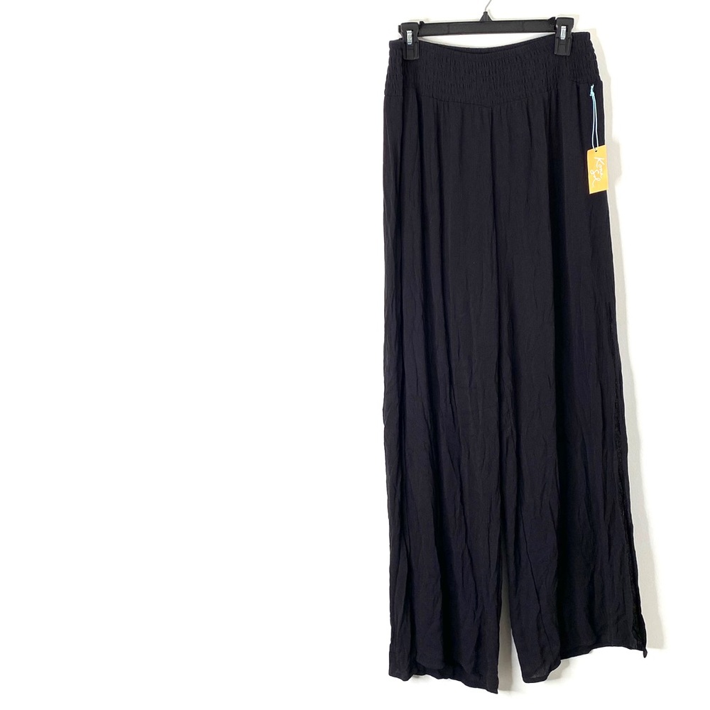Kona Sol Black Split Side Wide Leg Beach Pants NWT Smocked Waist Sheer Chiffon
